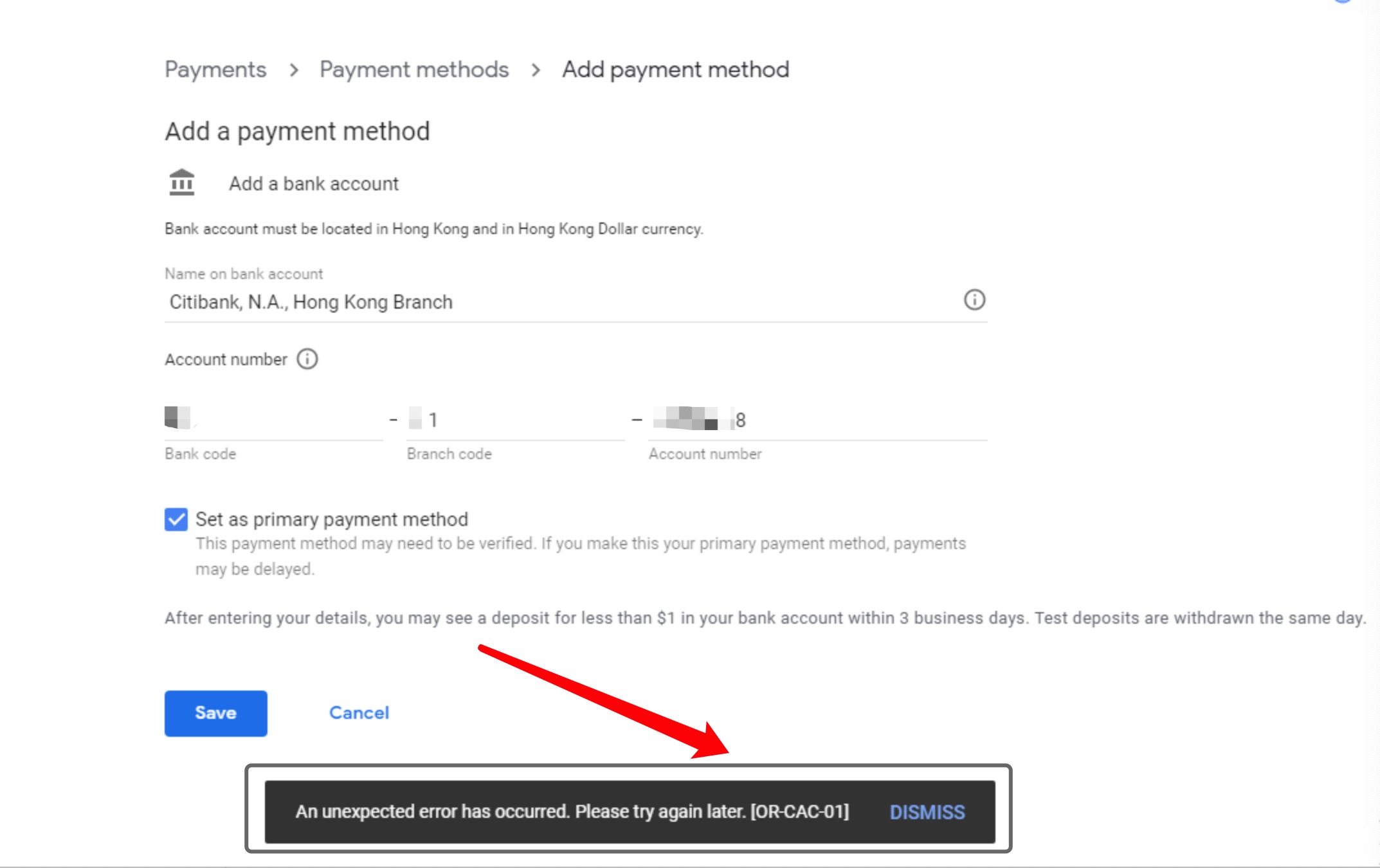 adsense/admob谷歌开发者账号添加支付方式提示:出现意外错误,请稍后重试.[OR-CAC-01] 或[OR-BAAVFT-03]-GG联盟挑战